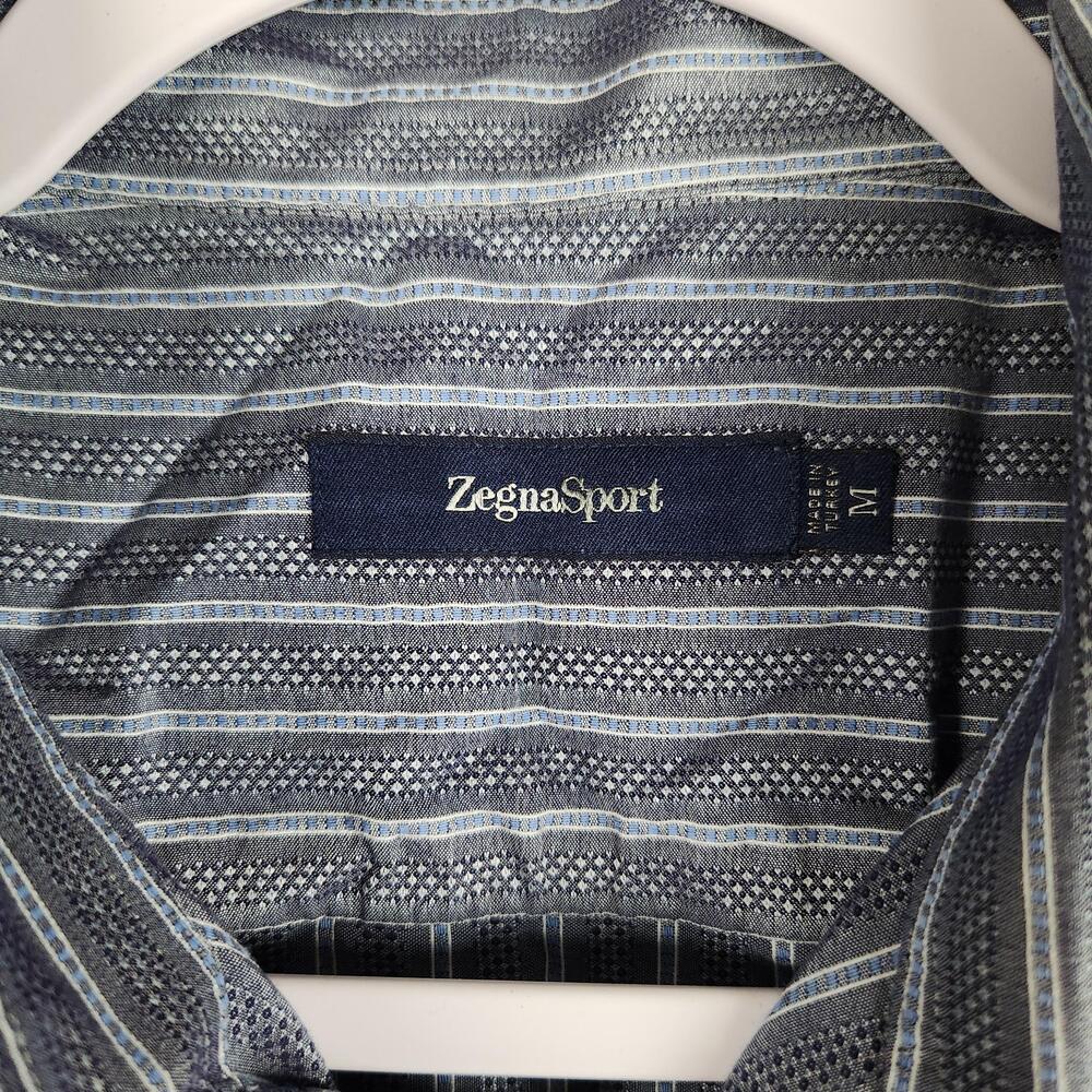 Zegna Sport Shirt Mens Medium Blue Gray Stripe Geometric Lightweight Preformance